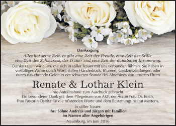 Traueranzeige von Renate und Lothar Klein von Mitteldeutsche Zeitung Naumburg/Nebra