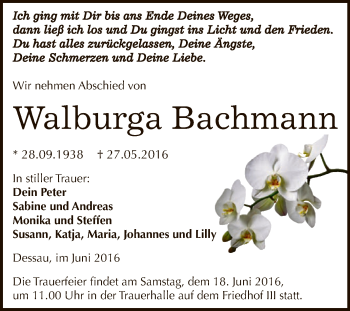 Traueranzeige von Walburga Bachmann von WVG - Wochenspiegel Dessau / Köthen