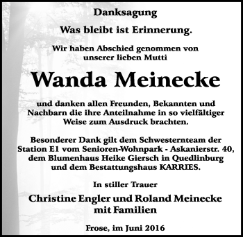 Traueranzeige von Wanda Meinecke von Mitteldeutsche Zeitung Aschersleben