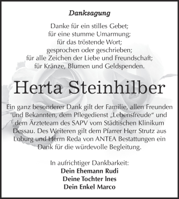 Traueranzeige von Herta  Steinhilber von WVG - Wochenspiegel Dessau / Köthen