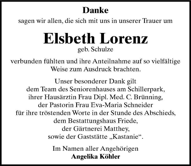  Traueranzeige für Elsbeth Lorenz vom 11.06.2016 aus Mitteldeutsche Zeitung Dessau-Roßlau