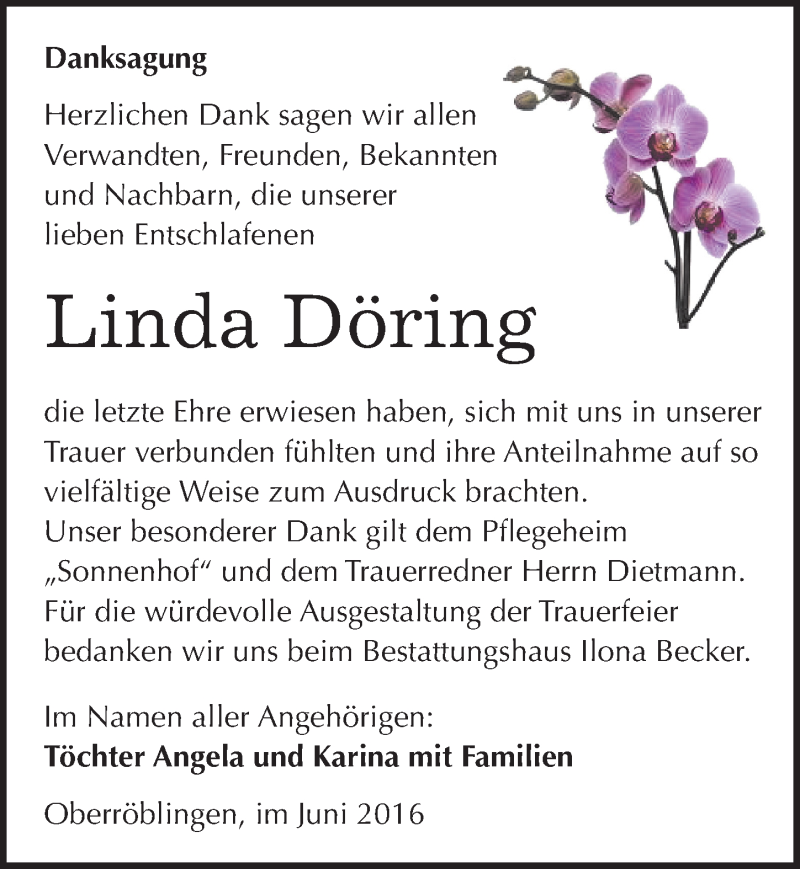  Traueranzeige für Linda Döring vom 25.06.2016 aus Mitteldeutsche Zeitung Sangerhausen