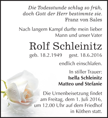 Traueranzeige von Rolf Schleinitz von Mitteldeutsche Zeitung Köthen
