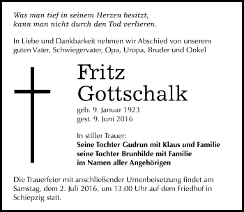 Traueranzeige von Fritz Gottschalk von Mitteldeutsche Zeitung Halle/Saalkreis