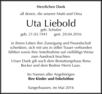 Traueranzeige von Uta Liebold von Mitteldeutsche Zeitung Sangerhausen