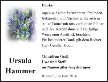 Traueranzeige von Ursula Hammer von Mitteldeutsche Zeitung Sangerhausen