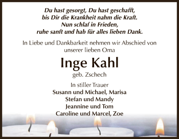 Traueranzeige von Inge Kahl von WVG - Wochenspiegel NMB / WSF / ZTZ