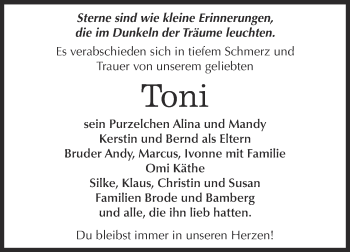 Traueranzeige von Toni  von Super Sonntag Bernburg