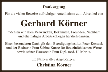 Traueranzeige von Gerhard Körner von WVG - Wochenspiegel Dessau / Köthen