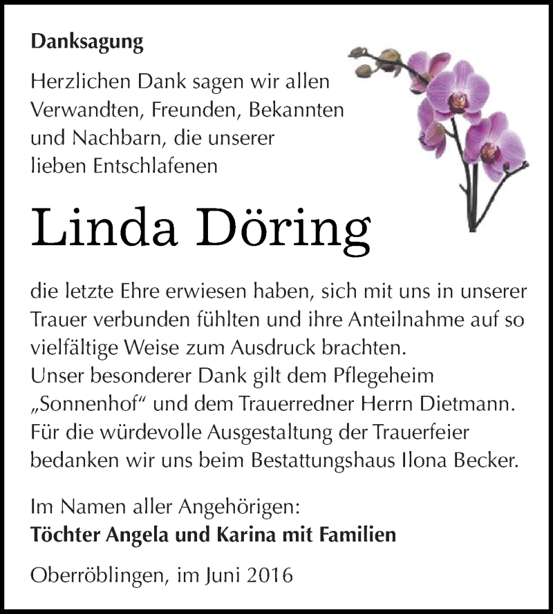  Traueranzeige für Linda Döring vom 25.06.2016 aus Super Sonntag SGH Mansf. Land