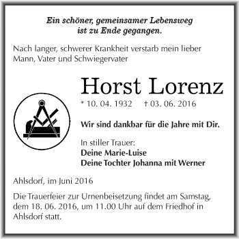 Traueranzeige von Horst Lorenz von Wochenspiegel Mansfelder Land