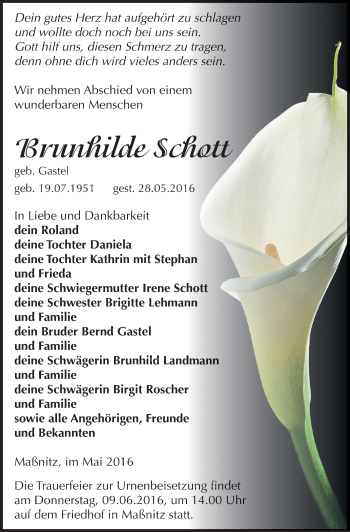 Traueranzeige von Brunhilde Schott von Mitteldeutsche Zeitung Zeitz