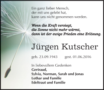 Traueranzeige von Jürgen Kutscher von Mitteldeutsche Zeitung Dessau-Roßlau