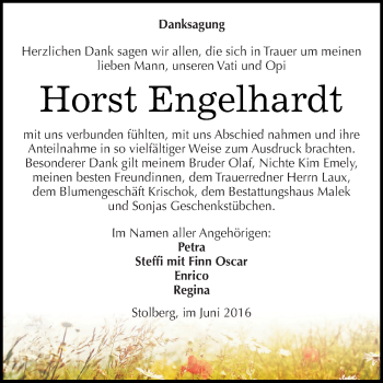 Traueranzeige von Horst Engelhardt von Super Sonntag SGH Mansf. Land