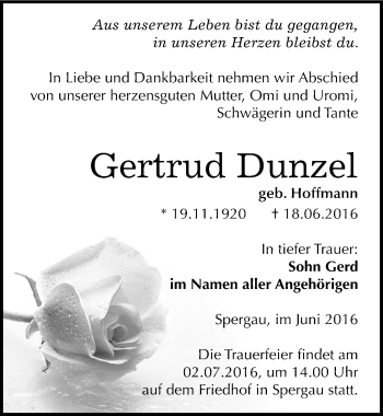 Traueranzeige von Gertrud Dunzel von Mitteldeutsche Zeitung Merseburg/Querfurt