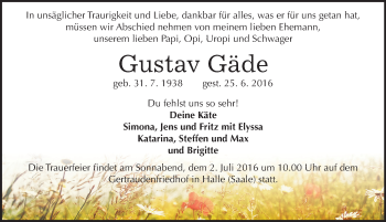 Traueranzeige von Gustav Gäde von Mitteldeutsche Zeitung Halle/Saalkreis