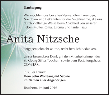 Traueranzeige von Anita Nitzsche von Mitteldeutsche Zeitung Weißenfels