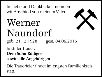 Traueranzeige von Werner Naundorf von Mitteldeutsche Zeitung Mansfelder Land