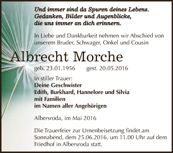Traueranzeige von Albrecht Morche von WVG - Wochenspiegel NMB / WSF / ZTZ