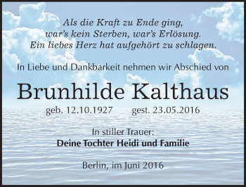 Traueranzeige von Brunhilde Kalthaus von Mitteldeutsche Zeitung Sangerhausen