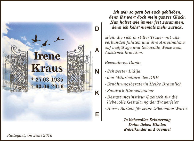  Traueranzeige für Irene Kraus vom 18.06.2016 aus WVG - Wochenspiegel Dessau / Köthen