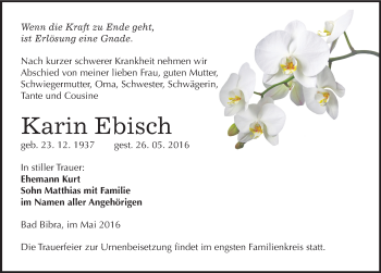 Traueranzeige von Karin Ebisch von Mitteldeutsche Zeitung Naumburg/Nebra