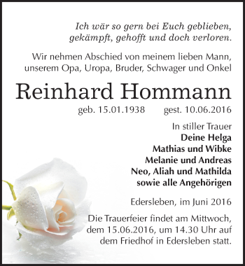 Traueranzeige von Reinhard Hommann von Mitteldeutsche Zeitung Sangerhausen