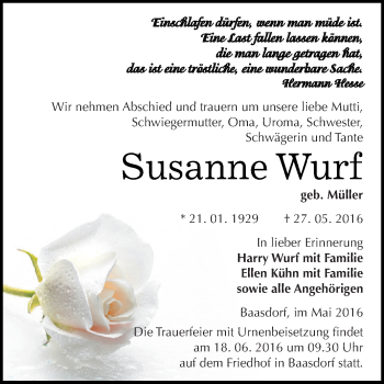 Traueranzeige von Susanne Wurf von WVG - Wochenspiegel Dessau / Köthen