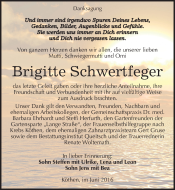 Traueranzeige von Brigitte Schwertfeger von Mitteldeutsche Zeitung Köthen