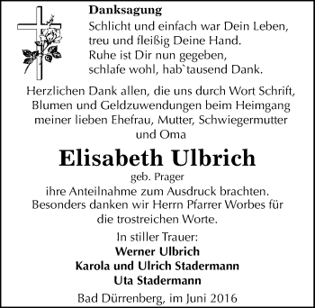 Traueranzeige von Elisabeth Ulbrich von Mitteldeutsche Zeitung Merseburg/Querfurt