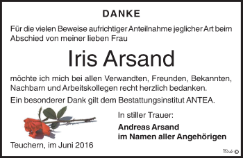Traueranzeige von Iris Arsand von Mitteldeutsche Zeitung Weißenfels