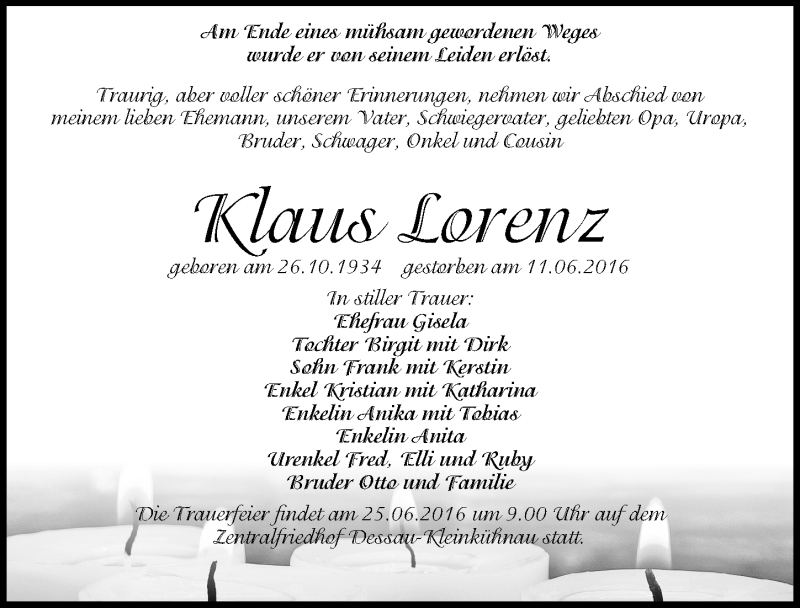  Traueranzeige für Klaus Lorenz vom 18.06.2016 aus Mitteldeutsche Zeitung Dessau-Roßlau