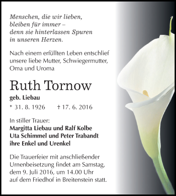 Traueranzeige von Ruth Tornow von Super Sonntag SGH Mansf. Land