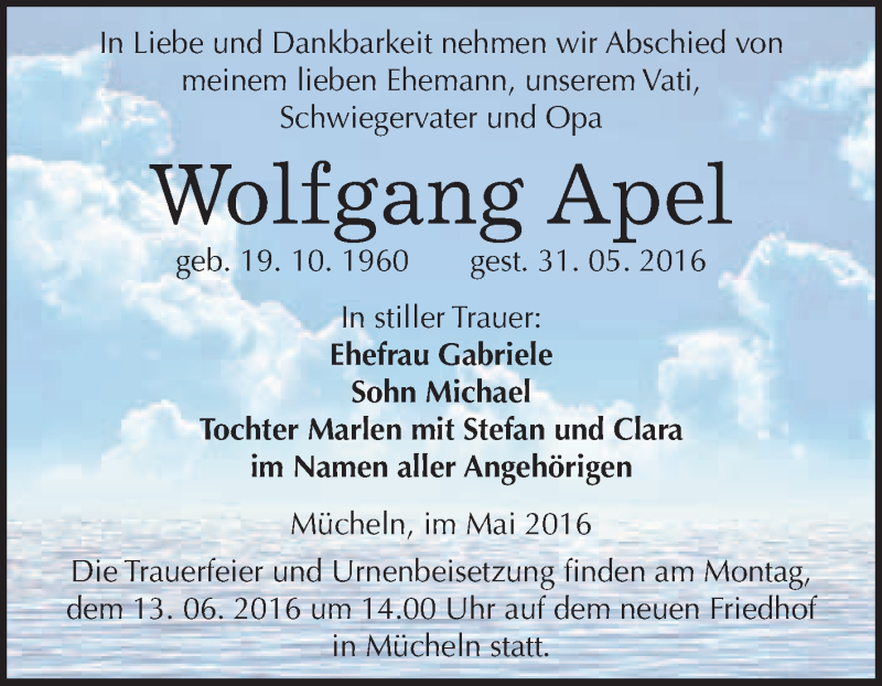  Traueranzeige für Wolfgang Apel vom 04.06.2016 aus WVG - Wochenspiegel Merseburg