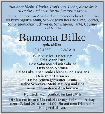 Traueranzeige von Ramona Bilke von Mitteldeutsche Zeitung Mansfelder Land
