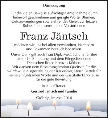 Traueranzeige von Franz Jäntsch von Mitteldeutsche Zeitung Köthen
