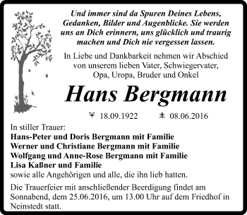Traueranzeige von Hans Bergmann von Mitteldeutsche Zeitung Quedlinburg