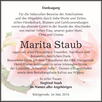 Traueranzeige von Marita Staub von WVG - Wochenspiegel Quedlinburg