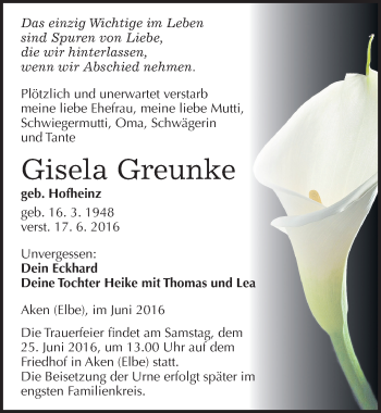 Traueranzeige von Gisela Greunke von Mitteldeutsche Zeitung Köthen