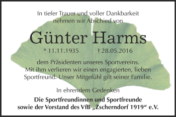 Traueranzeige von Günter Harms von WVG - Wochenspiegel Bitterfeld