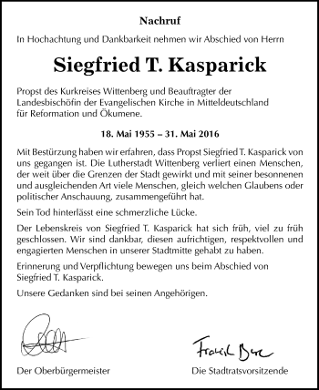Traueranzeige von Siegfried T. Kasparick von Mitteldeutsche Zeitung Wittenberg