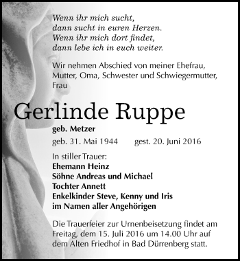 Traueranzeige von Gerlinde Ruppe von Mitteldeutsche Zeitung Merseburg/Querfurt
