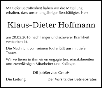 Traueranzeige von Klaus-Dieter Hoffmann von Mitteldeutsche Zeitung Aschersleben