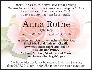 Traueranzeige von Anna Rothe von Mitteldeutsche Zeitung Halle/Saalkreis