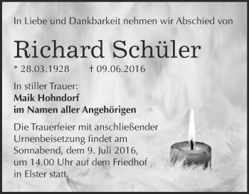 Traueranzeige von Richard Schüler von WVG - Wochenspiegel Wittenberg
