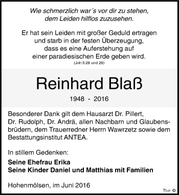 Traueranzeige von Reinhard Blaß von Mitteldeutsche Zeitung Weißenfels