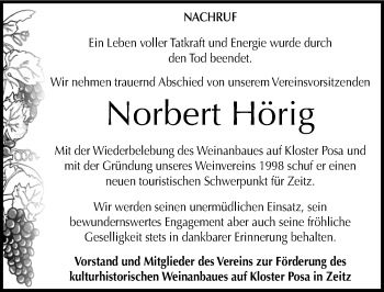 Traueranzeige von Norbert Hörig von Mitteldeutsche Zeitung Zeitz