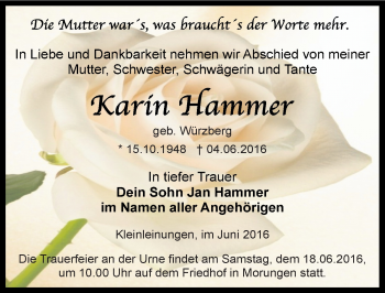 Traueranzeige von Karin Hammer von Mitteldeutsche Zeitung Sangerhausen