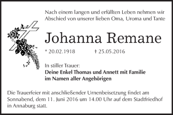Traueranzeige von Johanna Remane von WVG - Wochenspiegel Wittenberg