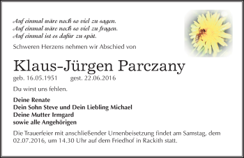Traueranzeige von Klaus-Jürgen Parczany von Mitteldeutsche Zeitung Wittenberg